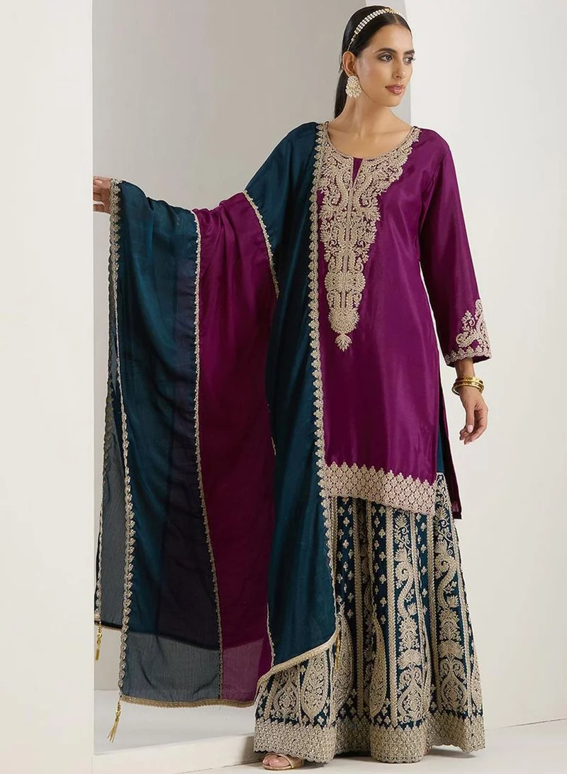 Ishin  Women's Lilac Polyester Blend Embellished Tunic Full Length Palazzo Straight Fit Kurta Set for Women | Best Price UAE